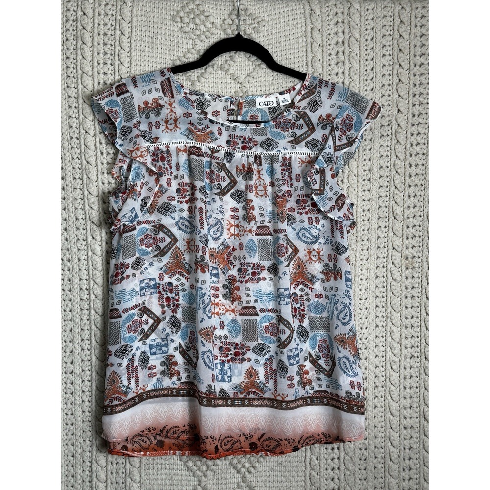 CATO Women's Top Blouse Bohemian Boho Multicolored Ruffle Sleeve Keyhole Medium‎